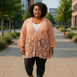 Cato Peach‎ Embroidered Lace Long Sleeve Cardigan Kimono